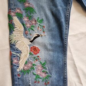 Zara Blue Jeans with Embroidered Floral and Bird Design
